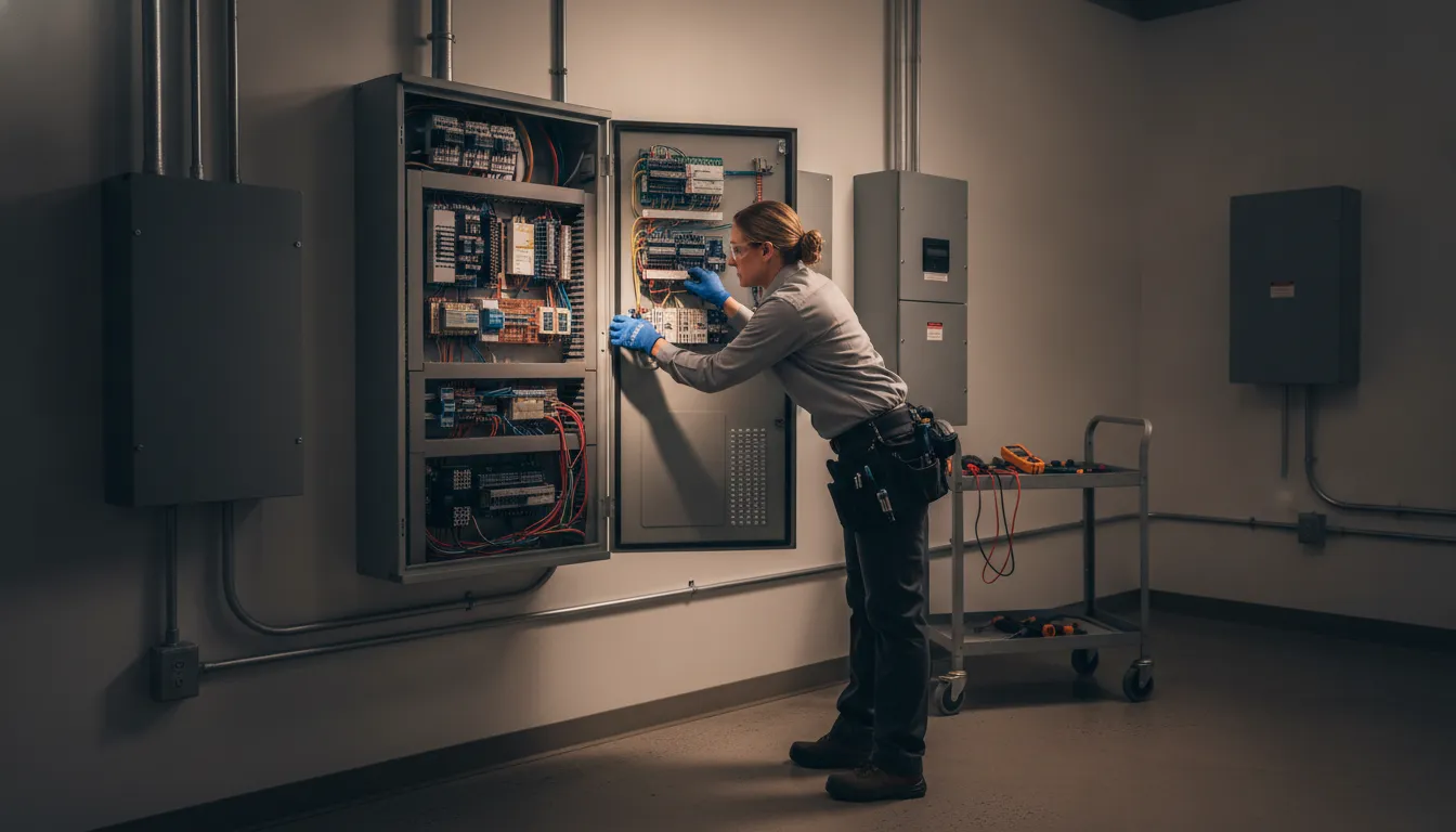 Technician inspecting a commercial fire alarm panel system