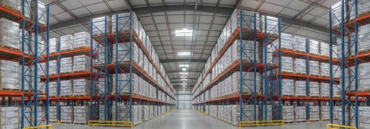 Fire alarm devices mounted in a clean warehouse aisle with high storage racks
