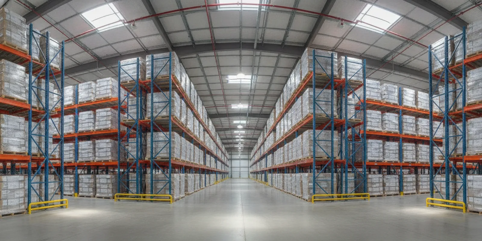 Fire alarm devices mounted in a clean warehouse aisle with high storage racks